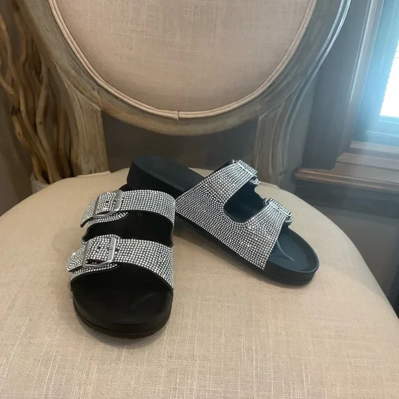 Steve Madden Black Rhinestone Double Strap Sandals - Picture 1 of 6
